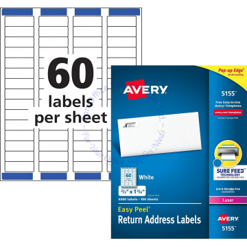AVERY EASY PEEL RETURN ADDRESS LABELS 5155 2/3x1.75" (100s)