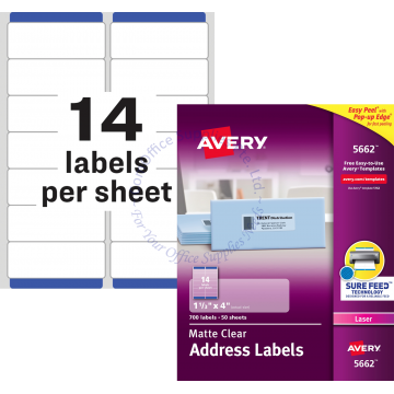 AVERY EASY PEEL CLEAR ADDRESS LABELS 5662 1-1/3x4" (50s)