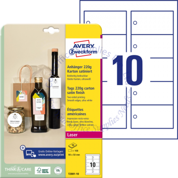 AVERY ZWECKFORM PRINTABLE TAGS W/STRINGS T2001-10 90x50MM