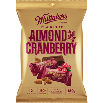 WHITTAKER MINI CHOCOLATE PACK (15Gx12s) - ALMOND & CRANBERRY